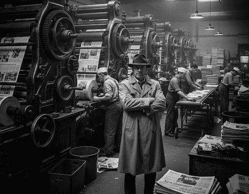 NewzHammer Publishing: Jack Hammer’s Memoir Noir Collection Jack Hammer of newzhammer publishing in a busy printing plant printing his memoirs
