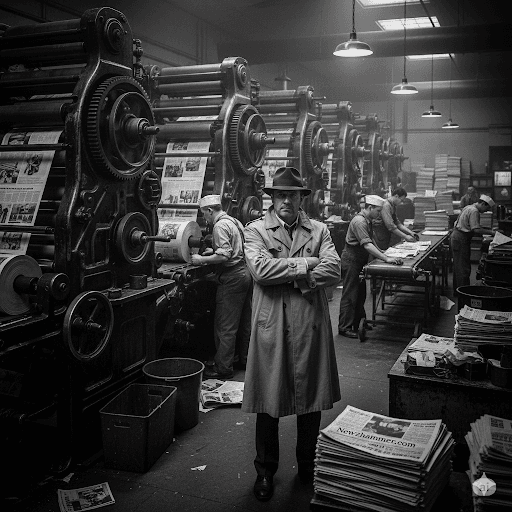 Jack Hammer of newzhammer publishing in a busy printing plant printing his memoirs