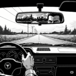 A high-contrast, black-and-white, noir-style drawn image from inside a car. The view focuses on the rearview mirror, which reflects a gritty, fading city skyline. The rest of the windshield shows a long, empty rural road