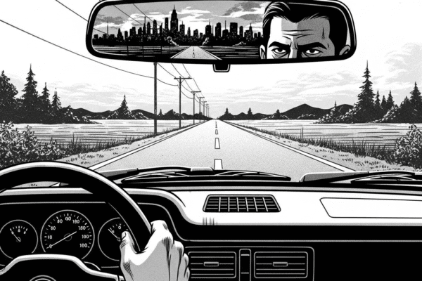 THE HAMMER FILES: The Cold Trail to Oakmont A high-contrast, black-and-white, noir-style drawn image from inside a car. The view focuses on the rearview mirror, which reflects a gritty, fading city skyline. The rest of the windshield shows a long, empty rural road