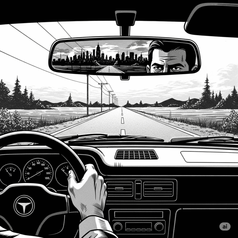 A high-contrast, black-and-white, noir-style drawn image from inside a car. The view focuses on the rearview mirror, which reflects a gritty, fading city skyline. The rest of the windshield shows a long, empty rural road