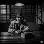 A gritty, black and white image of Jack Hammer, a private eye in a fedora and trench coat, sitting at his cluttered desk with a closed wooden box in front of him.