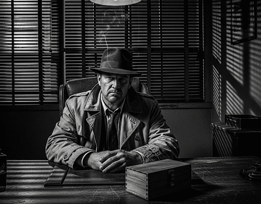 THE HAMMER FILES: Jack Misses the Mark A gritty, black and white image of Jack Hammer, a private eye in a fedora and trench coat, sitting at his cluttered desk with a closed wooden box in front of him.