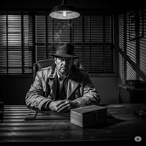 A gritty, black and white image of Jack Hammer, a private eye in a fedora and trench coat, sitting at his cluttered desk with a closed wooden box in front of him.