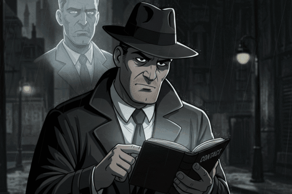 THE HAMMER FILES: High Stakes and a Diamond Noir cartoon of Jack Hammer, looking thoughtful, thumbing through a pocket-sized contacts book, with a ghostly face floating above him, set against the rundown streets of Old Town."
