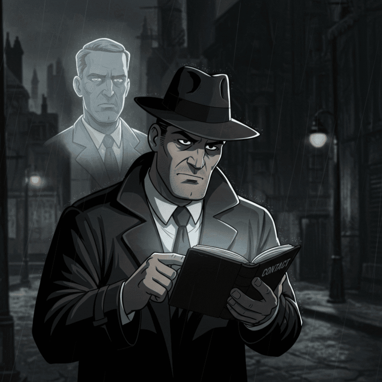 Noir cartoon of Jack Hammer, looking thoughtful, thumbing through a pocket-sized contacts book, with a ghostly face floating above him, set against the rundown streets of Old Town."
