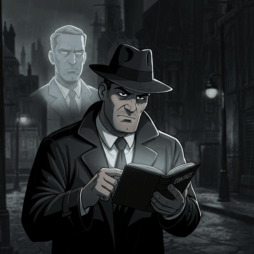 Noir cartoon of Jack Hammer, looking thoughtful, thumbing through a pocket-sized contacts book, with a ghostly face floating above him, set against the rundown streets of Old Town."