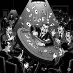 noir illustration captures a chaotic poker game where a gangster, with an enraged expression, violently slams his fist on the table, causing it to flip completely upside down amidst flying cards and chips. Surrounded by seven other shocked and angry gangsters