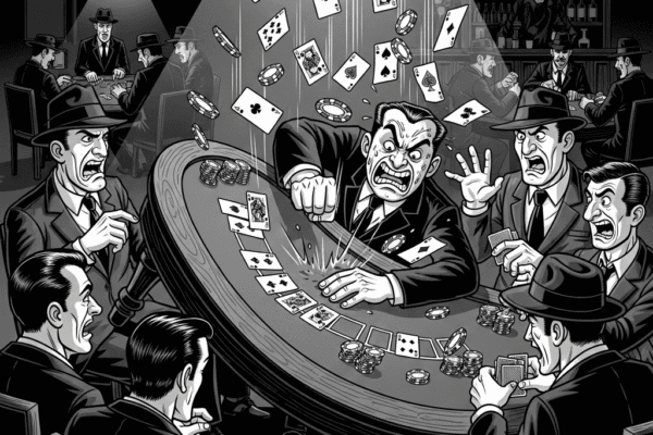 THE HAMMER FILES: A Hand of Trouble noir illustration captures a chaotic poker game where a gangster, with an enraged expression, violently slams his fist on the table, causing it to flip completely upside down amidst flying cards and chips. Surrounded by seven other shocked and angry gangsters