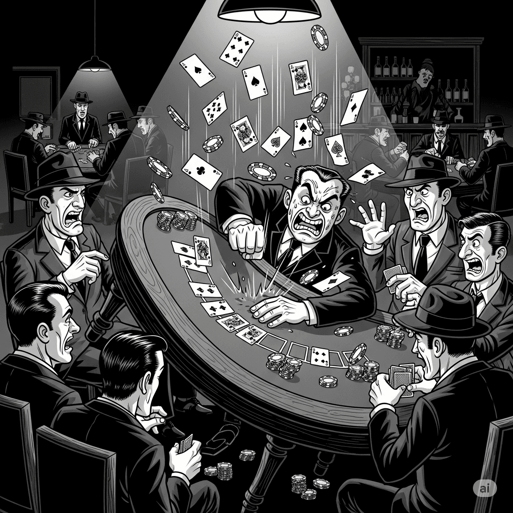 noir illustration captures a chaotic poker game where a gangster, with an enraged expression, violently slams his fist on the table, causing it to flip completely upside down amidst flying cards and chips. Surrounded by seven other shocked and angry gangsters