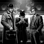 Three noir gangsters stand in a smoky lounge. The man on the left holds a black satchel. The image has a stark, graphic novel feel, rendered in black and white with a focus on deep shadows.