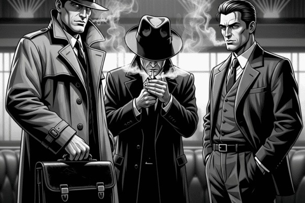 THE HAMMER FILES: Lenny Bent’s Silvery Limo Three noir gangsters stand in a smoky lounge. The man on the left holds a black satchel. The image has a stark, graphic novel feel, rendered in black and white with a focus on deep shadows.
