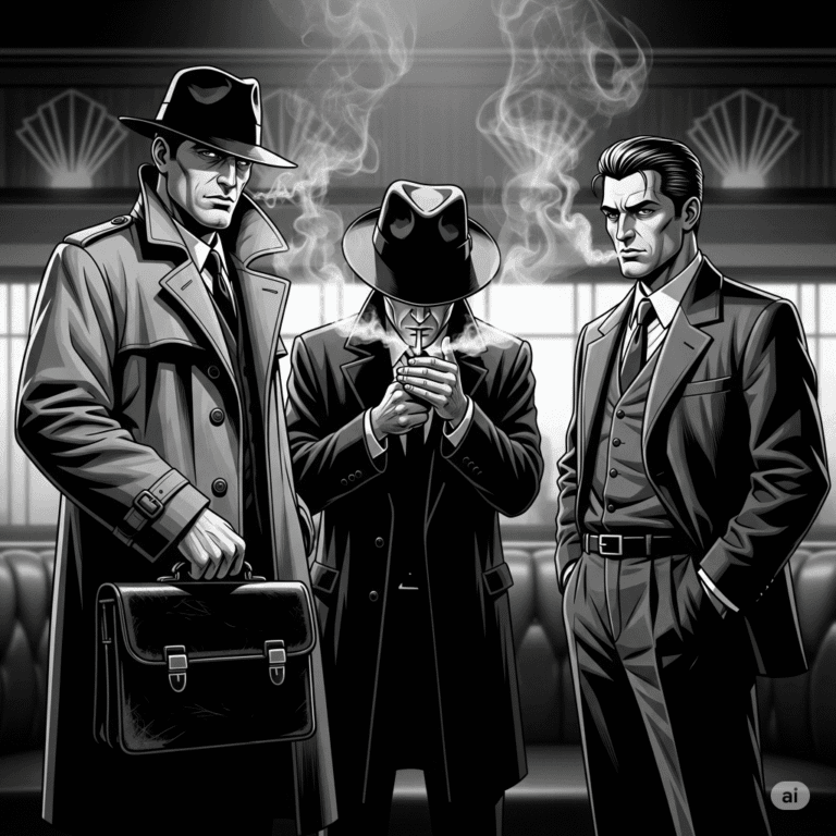 Three noir gangsters stand in a smoky lounge. The man on the left holds a black satchel. The image has a stark, graphic novel feel, rendered in black and white with a focus on deep shadows.