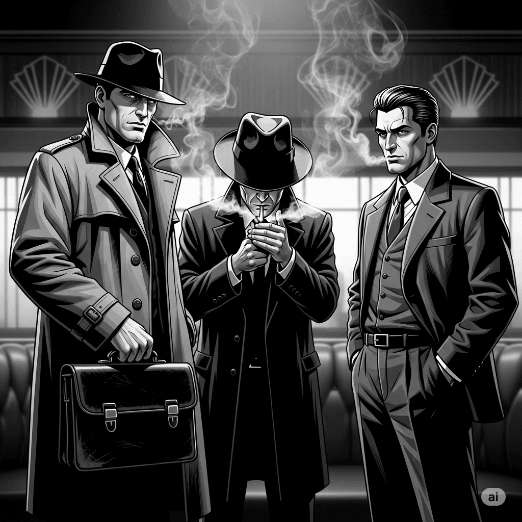 Three noir gangsters stand in a smoky lounge. The man on the left holds a black satchel. The image has a stark, graphic novel feel, rendered in black and white with a focus on deep shadows.