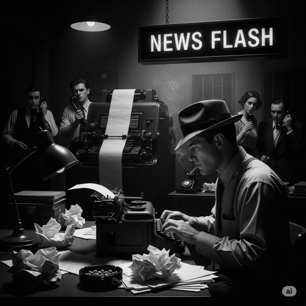 A noir-style image of a journalist in a vintage newsroom typing furiously under an urgent, illuminated "NEWS FLASH" sign.