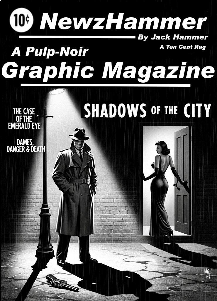 NewzHammer pulp-noir graphic magazine cover by Jack Hammer, featuring a trench-coat clad detective in a rainy alley with a femme fatale in a doorway.