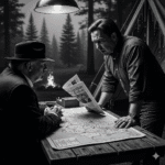 Grayscale noir image depicting Trump and DeSantis in a camp setting, angrily reviewing a map and newspaper about immigration, frustrated by a failed "monument" plan.