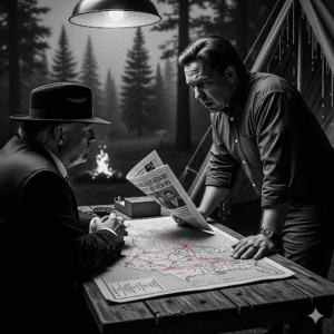Grayscale noir image depicting Trump and DeSantis in a camp setting, angrily reviewing a map and newspaper about immigration, frustrated by a failed "monument" plan.