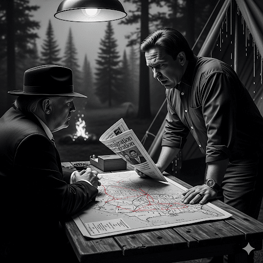 Grayscale noir image depicting Trump and DeSantis in a camp setting, angrily reviewing a map and newspaper about immigration, frustrated by a failed "monument" plan.