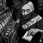 Black-and-white graphic novel panel of an elderly woman with a feverish expression, hunched over an old slot machine, her gnarled hand on a notepad and pencil, amidst shadowy neon-lit casino background.