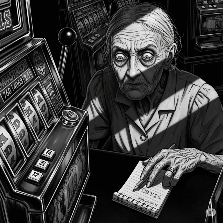 Black-and-white graphic novel panel of an elderly woman with a feverish expression, hunched over an old slot machine, her gnarled hand on a notepad and pencil, amidst shadowy neon-lit casino background.