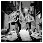 A grayscale, high-contrast graphic novel panel shows two men, Jack Hammer and Jamie, running through a rain-slicked, gritty city alley at night. Jack, a burly man in a fedora and trench coat, leads, while Jamie, a slightly younger man, runs alongside him, both looking troubled and burdened. The scene is rendered with stark lines and deep shadows, reflecting a pulp-noir aesthetic.
