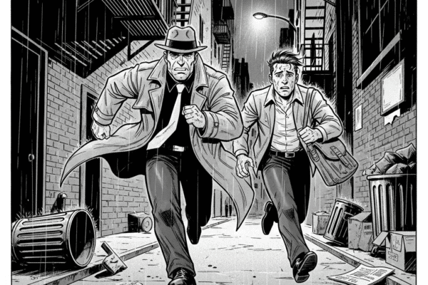THE HAMMER FILES: On the Lamb. A grayscale, high-contrast graphic novel panel shows two men, Jack Hammer and Jamie, running through a rain-slicked, gritty city alley at night. Jack, a burly man in a fedora and trench coat, leads, while Jamie, a slightly younger man, runs alongside him, both looking troubled and burdened. The scene is rendered with stark lines and deep shadows, reflecting a pulp-noir aesthetic.