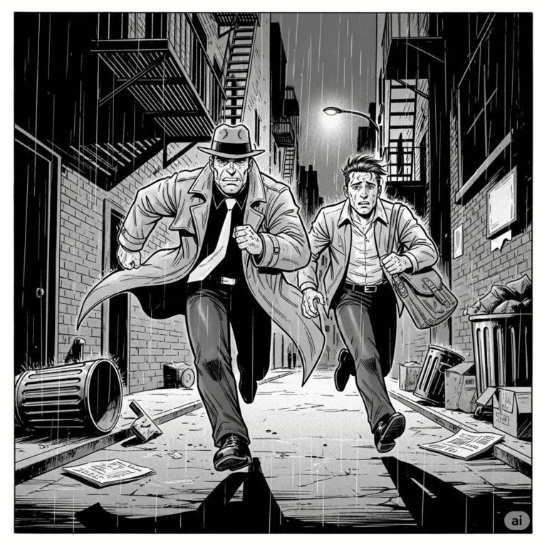 A grayscale, high-contrast graphic novel panel shows two men, Jack Hammer and Jamie, running through a rain-slicked, gritty city alley at night. Jack, a burly man in a fedora and trench coat, leads, while Jamie, a slightly younger man, runs alongside him, both looking troubled and burdened. The scene is rendered with stark lines and deep shadows, reflecting a pulp-noir aesthetic.