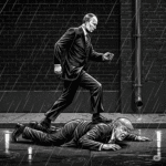 Grayscale graphic novel illustration of Vladimir Putin walking on Donald Trump's back as Trump lies on the ground in a dark, rain-slicked alley.