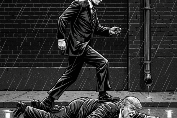THE HAMMER FILES: THE CASE OF THE RED CARPET—WILL PUTIN WALK ALL OVER TRUMP? Grayscale graphic novel illustration of Vladimir Putin walking on Donald Trump's back as Trump lies on the ground in a dark, rain-slicked alley.