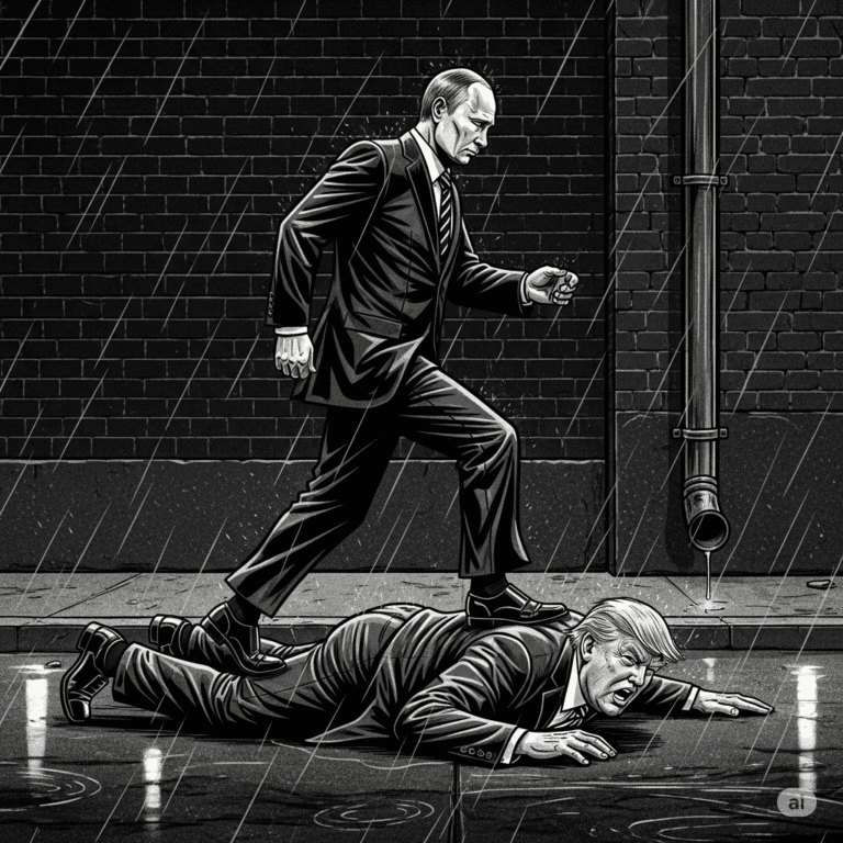 Grayscale graphic novel illustration of Vladimir Putin walking on Donald Trump's back as Trump lies on the ground in a dark, rain-slicked alley.
