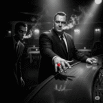 A high-contrast, black-and-white image depicts a tense scene in a smoky jazz club. A large, calm man in a suit stands at a bar, gesturing with a hand that prominently displays a brilliant red diamond. From the shadows, a scrawny, watchful man emerges, his eyes fixed on the red gem.