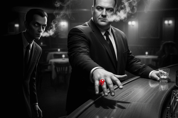 THE HAMMER FILES: The Merchant Traveler A high-contrast, black-and-white image depicts a tense scene in a smoky jazz club. A large, calm man in a suit stands at a bar, gesturing with a hand that prominently displays a brilliant red diamond. From the shadows, a scrawny, watchful man emerges, his eyes fixed on the red gem.