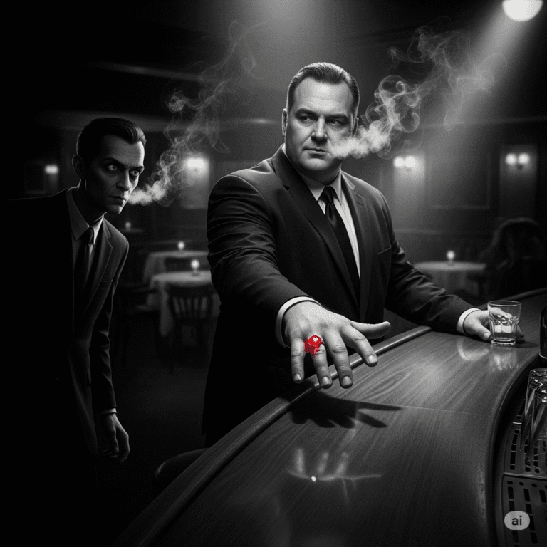 A high-contrast, black-and-white image depicts a tense scene in a smoky jazz club. A large, calm man in a suit stands at a bar, gesturing with a hand that prominently displays a brilliant red diamond. From the shadows, a scrawny, watchful man emerges, his eyes fixed on the red gem.