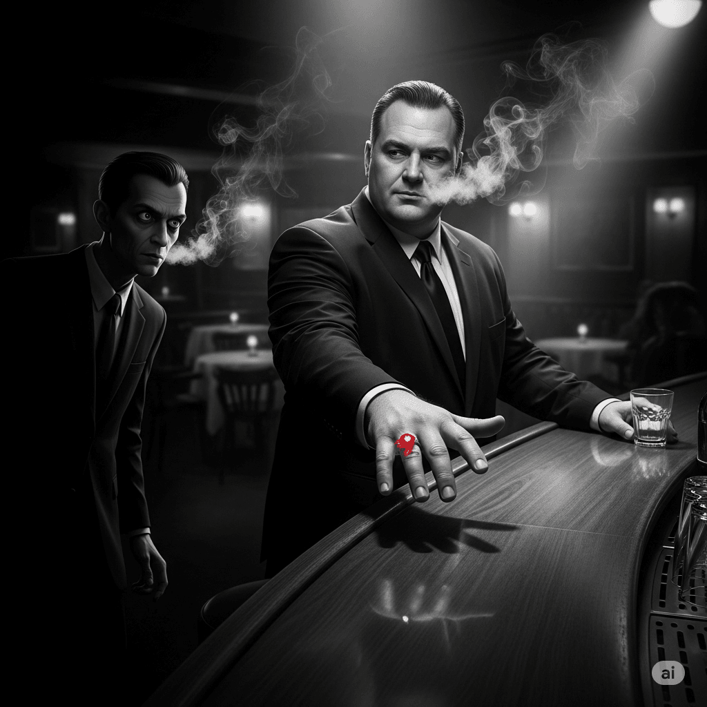 A high-contrast, black-and-white image depicts a tense scene in a smoky jazz club. A large, calm man in a suit stands at a bar, gesturing with a hand that prominently displays a brilliant red diamond. From the shadows, a scrawny, watchful man emerges, his eyes fixed on the red gem.
