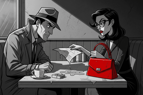 THE HAMMER FILES: The Case of the Red Purse A grayscale, gritty noir cartoon illustration shows a detective in a fedora intensely watching a mysterious woman in a diner booth. She slides a damp paper across the table, with her purse beside her, under harsh, shadowy lighting.