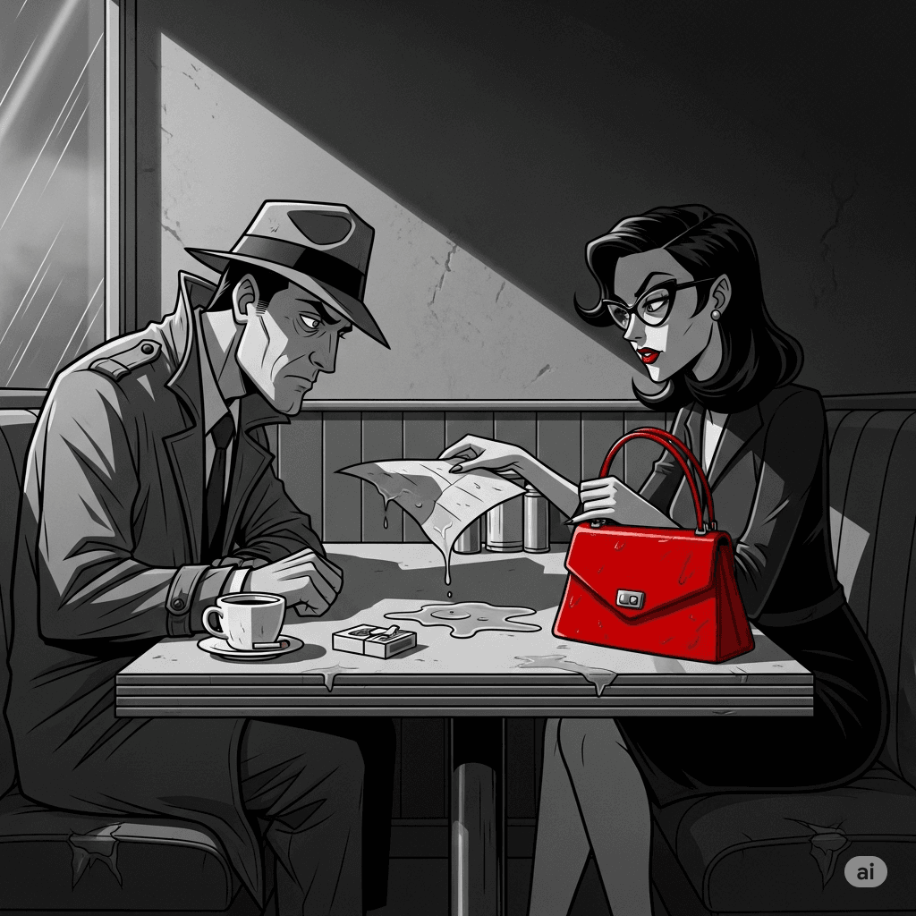 A grayscale, gritty noir cartoon illustration shows a detective in a fedora intensely watching a mysterious woman in a diner booth. She slides a damp paper across the table, with her purse beside her, under harsh, shadowy lighting.
