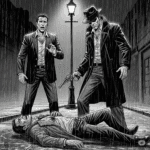 A high-contrast, black-and-white graphic novel illustration of a man and his accomplice standing over a fallen man in a dark, rainy alley. The standing man aims a revolver at the man on the ground.