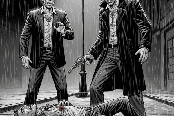 THE HAMMER FILES: Hit the Streets A high-contrast, black-and-white graphic novel illustration of a man and his accomplice standing over a fallen man in a dark, rainy alley. The standing man aims a revolver at the man on the ground.