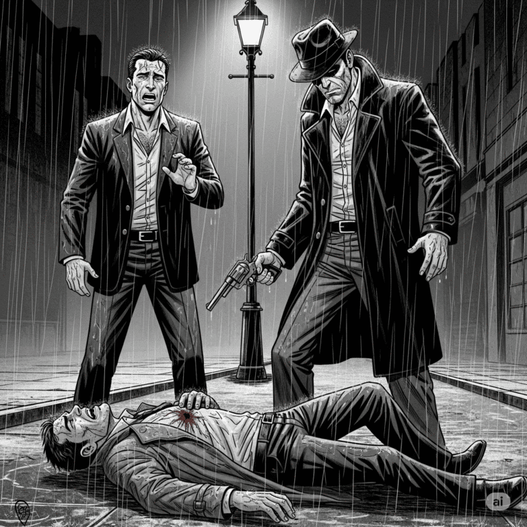 A high-contrast, black-and-white graphic novel illustration of a man and his accomplice standing over a fallen man in a dark, rainy alley. The standing man aims a revolver at the man on the ground.
