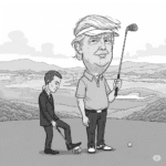 Grayscale satirical cartoon of Donald Trump on a golf course, with a Secret Service agent discreetly nudging his golf ball. Trump looks sly while holding a club.