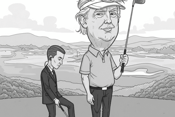 The Secret Service Caddy: Trump’s Scottish Handicap Grayscale satirical cartoon of Donald Trump on a golf course, with a Secret Service agent discreetly nudging his golf ball. Trump looks sly while holding a club.
