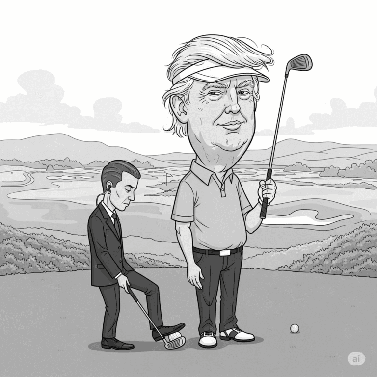 Grayscale satirical cartoon of Donald Trump on a golf course, with a Secret Service agent discreetly nudging his golf ball. Trump looks sly while holding a club.