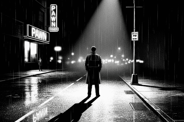 THE HAMMER FILES: Case by Case Noir-Graphic Novels From the Memoirs of Jack Hammer. A grayscale, gritty image shows Jack Hammer in a trench coat, back to the viewer, standing under a single streetlamp that casts a long shadow down a rain-slicked street at night. To the left, a "PAWN" sign is lit up, and in the distance, city lights blur. The overall mood is reminiscent of classic film noir