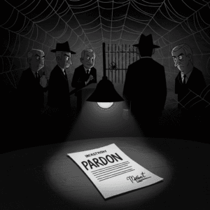 Grayscale cartoon noir image depicting a web of political corruption and a presidential pardon document.