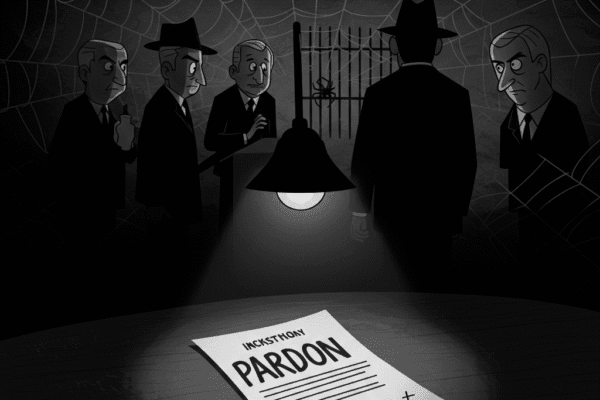 THE MAXWELL PARDON: A Web of Political Power Grayscale cartoon noir image depicting a web of political corruption and a presidential pardon document.