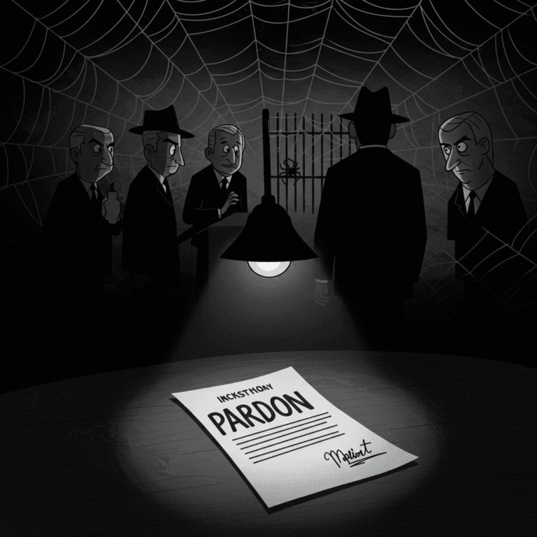 Grayscale cartoon noir image depicting a web of political corruption and a presidential pardon document.