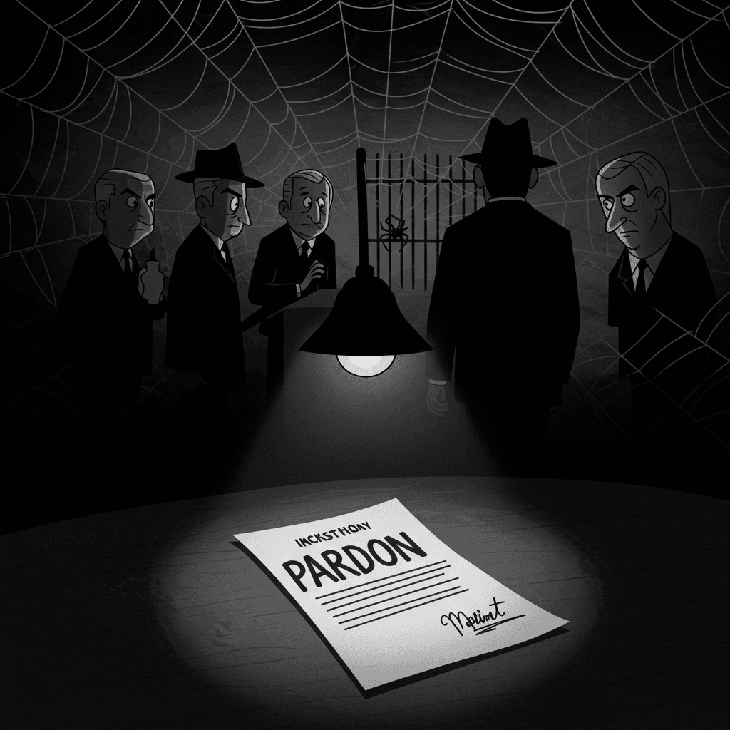 Grayscale cartoon noir image depicting a web of political corruption and a presidential pardon document.