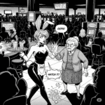 Black-and-white graphic novel panel of a cocktail waitress in a bunny outfit colliding with an elderly woman on a crowded, neon-lit casino floor.