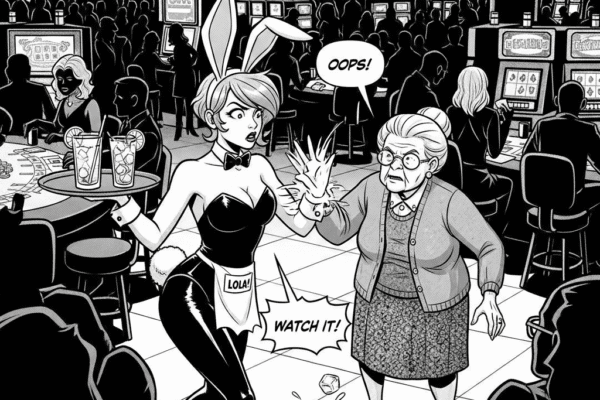 THE HAMMER FILES: Uncovering the Grif Black-and-white graphic novel panel of a cocktail waitress in a bunny outfit colliding with an elderly woman on a crowded, neon-lit casino floor.